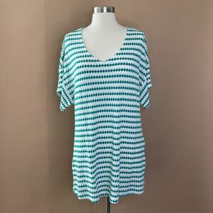 Ces Femme Green & White Tunic Cover Up V-Neck Knit Swim Beach Top Women’s XS